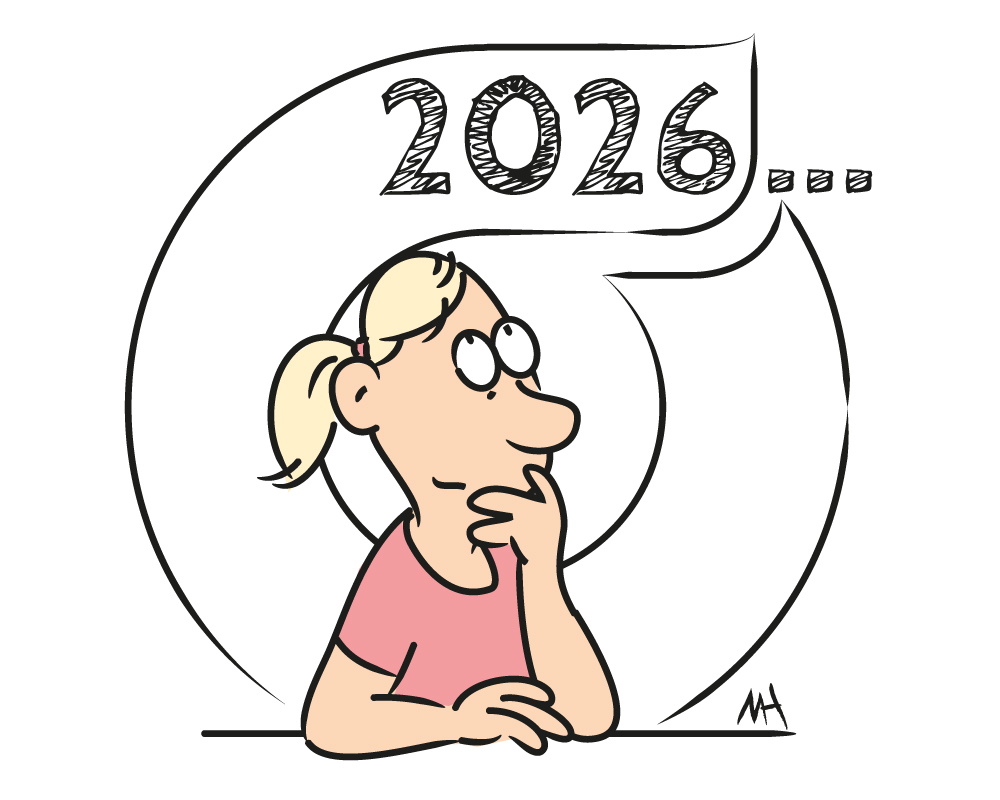 Kuvassa  piirretty hahmo, jonka yläpuolella ajatuskumpassa vuosiluku 2026