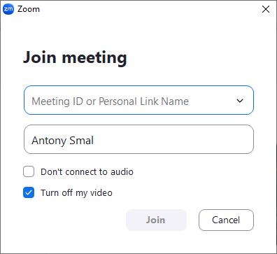 Kuvankaappaus Zoom sovelluksen "Liitä tapaamiseen" -ikkunasta, joka avautui "Join"-painiketta painamalla.
