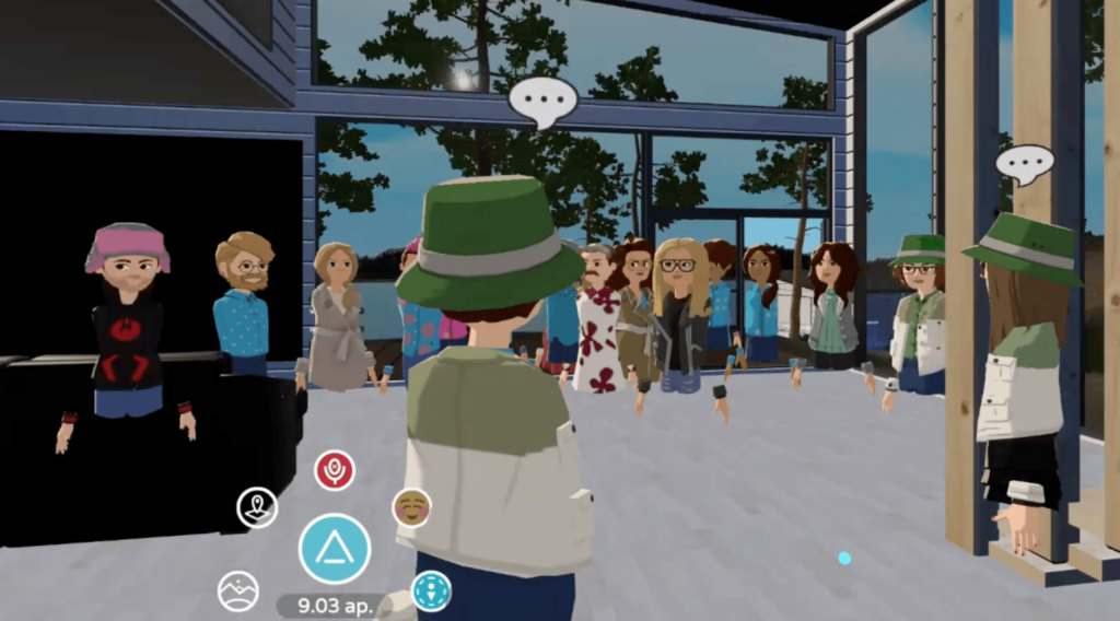 Opiskelijoiden virtuaalihahmot kuuntelemassa ympäristöministeriön ohjeistusta AltspaceVR:ssä.
