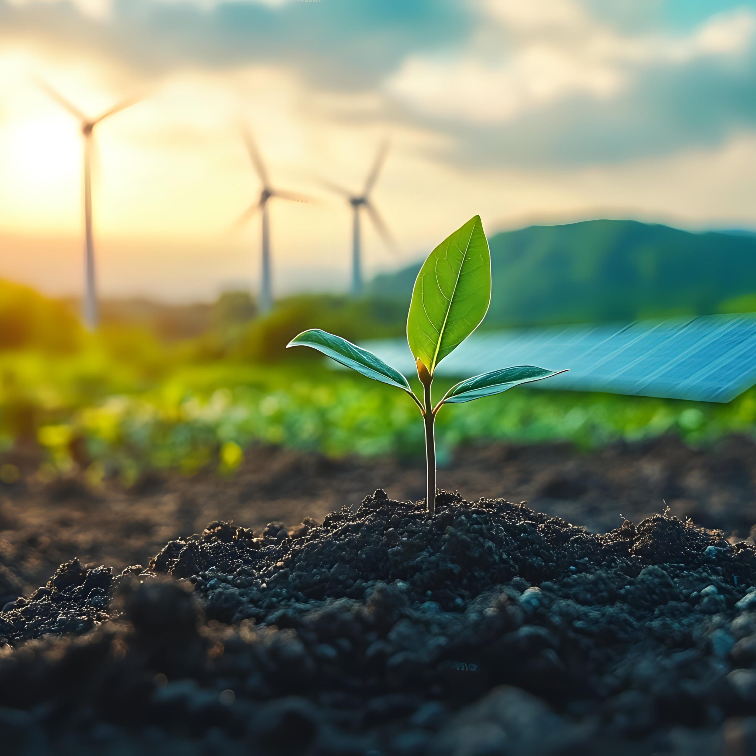 Young green seedling growing from fertile soil with wind turbine