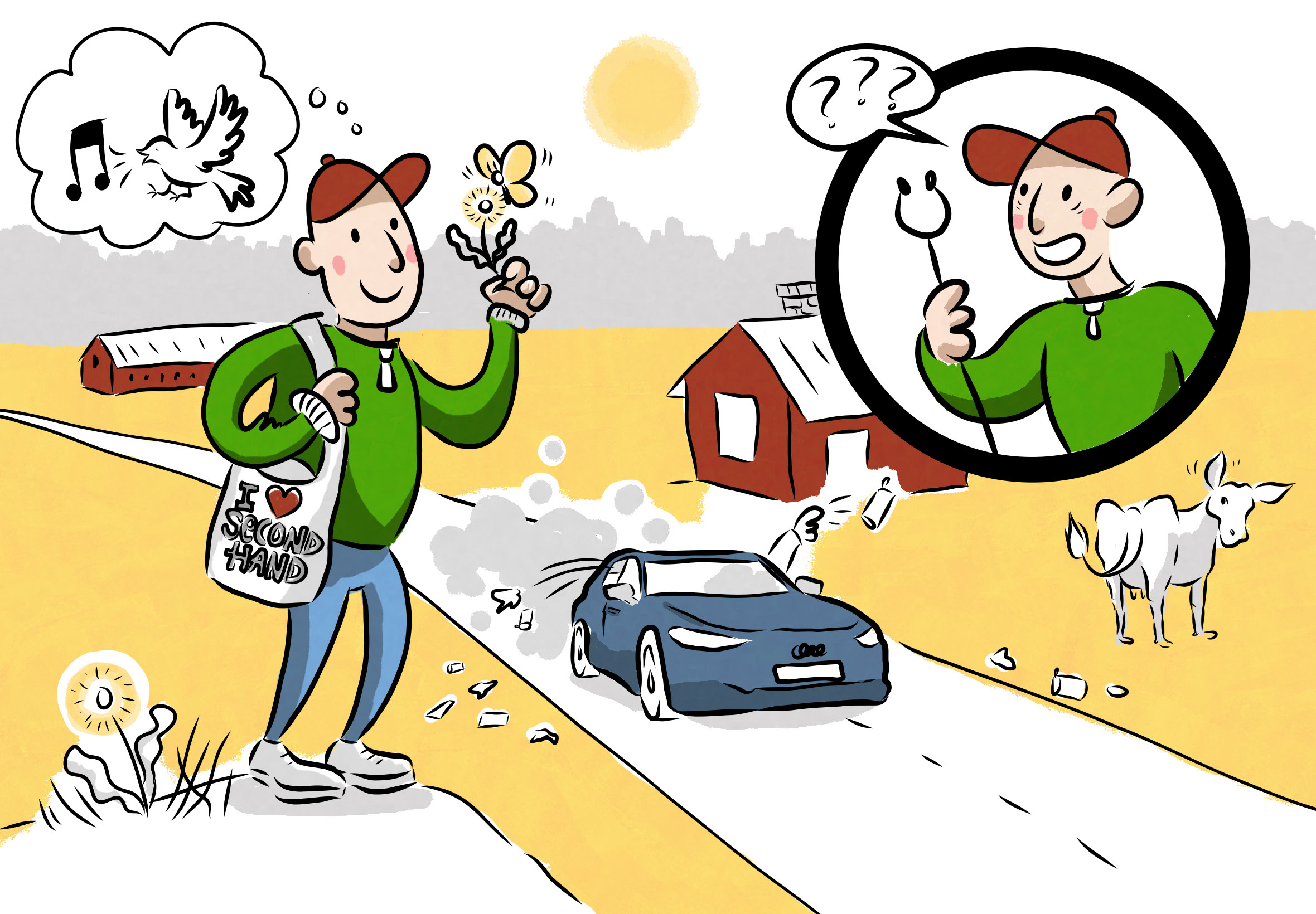 Jäppinen pitää kädessään kukkaa ja havainnoi siihen laskeutuvaa perhosta. Taustalla on peltomaisema ja punaisia latoja. Tiellä ajaa auto, joka heittää roskia maahan. Jäppinen havahtuu, ottaa roskienkeräystikun käteensä ja on valmis toimimaan.