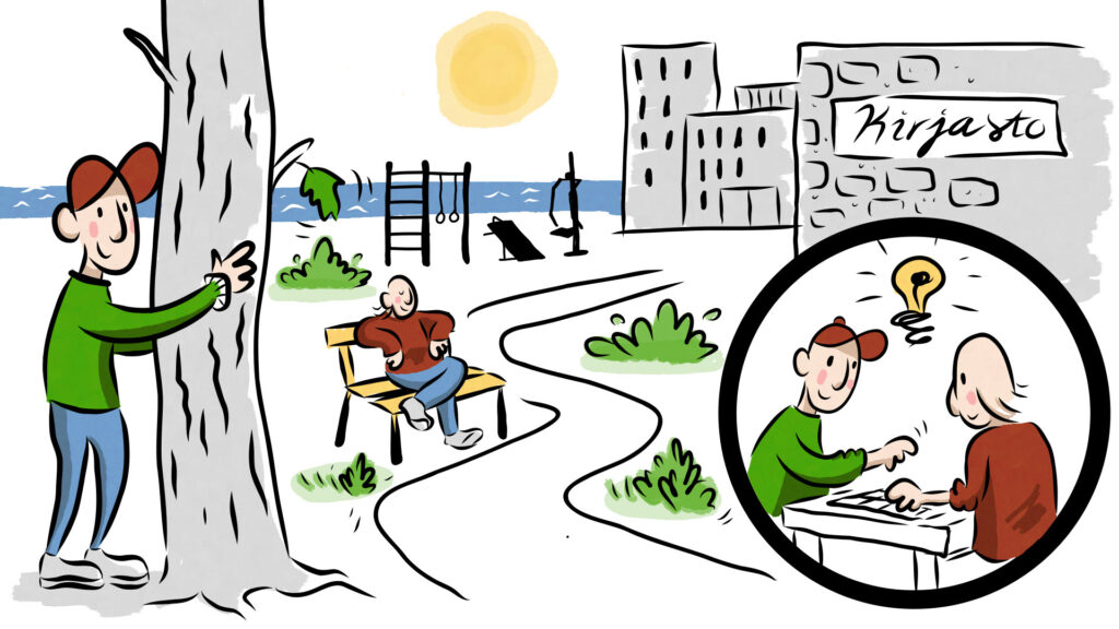 Jäppinen aistii luontoa puun läheisyydessä. Tuuli värisyttää puun lehtiä. Taustalla veden laineen liikkuvat. Jäppisen ystävä istuu puiston penkillä ja nauttii päivästä. Ystävykset suuntaavat kirjastoon pelaamaan lautapeliä.