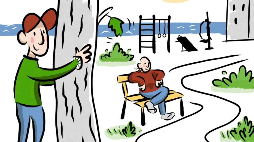 Jäppinen aistii luontoa puun läheisyydessä. Tuuli värisyttää puun lehtiä. Taustalla veden laineen liikkuvat. Jäppisen ystävä istuu puiston penkillä ja nauttii päivästä.